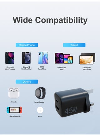 Onno 45W USB-C GaN Charger, Dual Port (USB-C + USB-A) Fast Charger with PD3.0/PPS/QC3.0, Compact Portable Charger for MacBook, iPhone, Samsung, Laptops, iPad, Nintendo Switch, iOS and Android , and More UK Standard - view 5